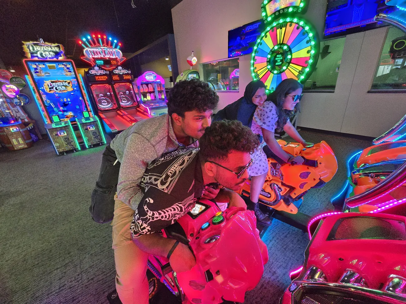 With the team at an arcade