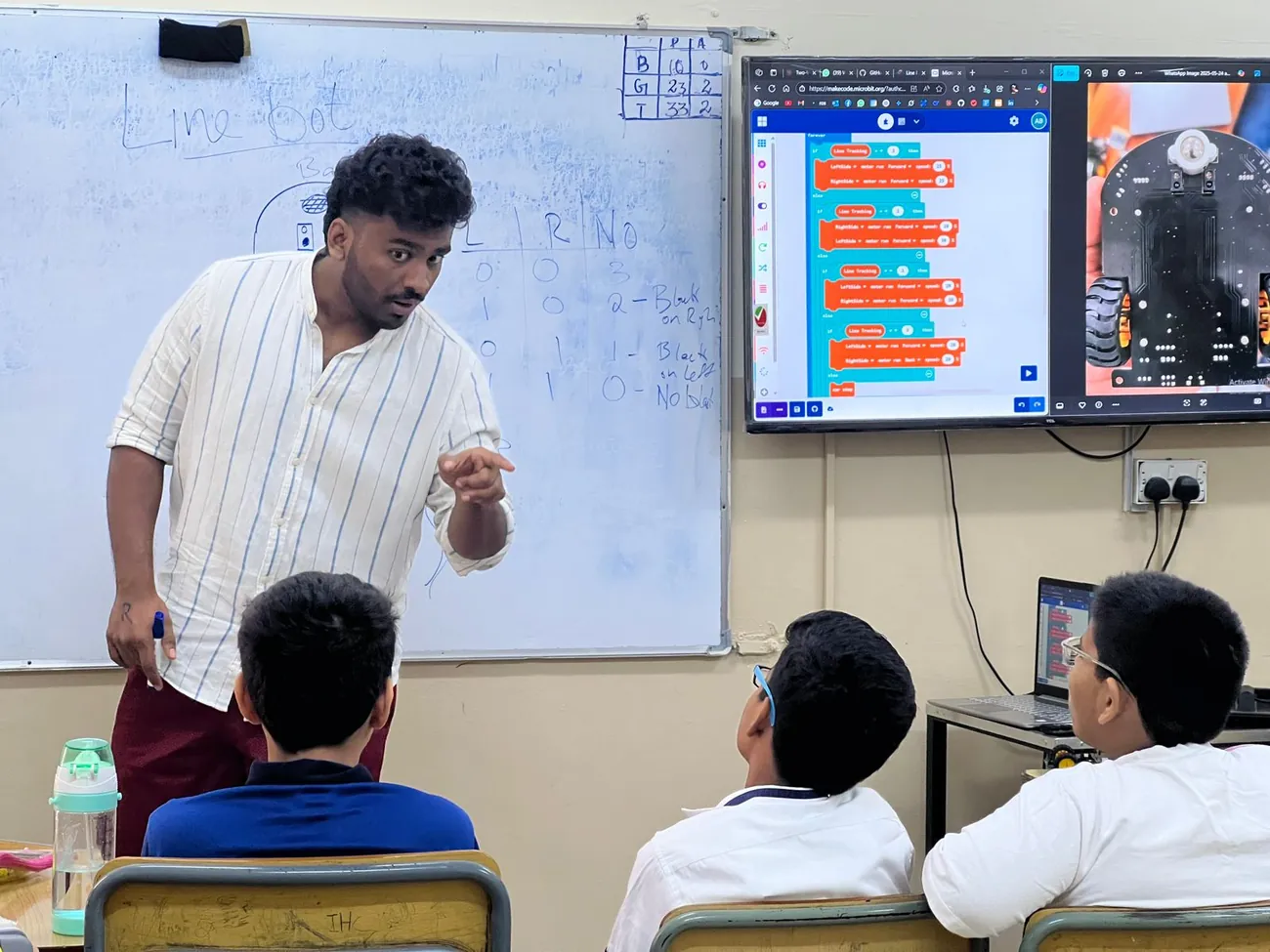 Teaching a line bot class, truth table on the whiteboard